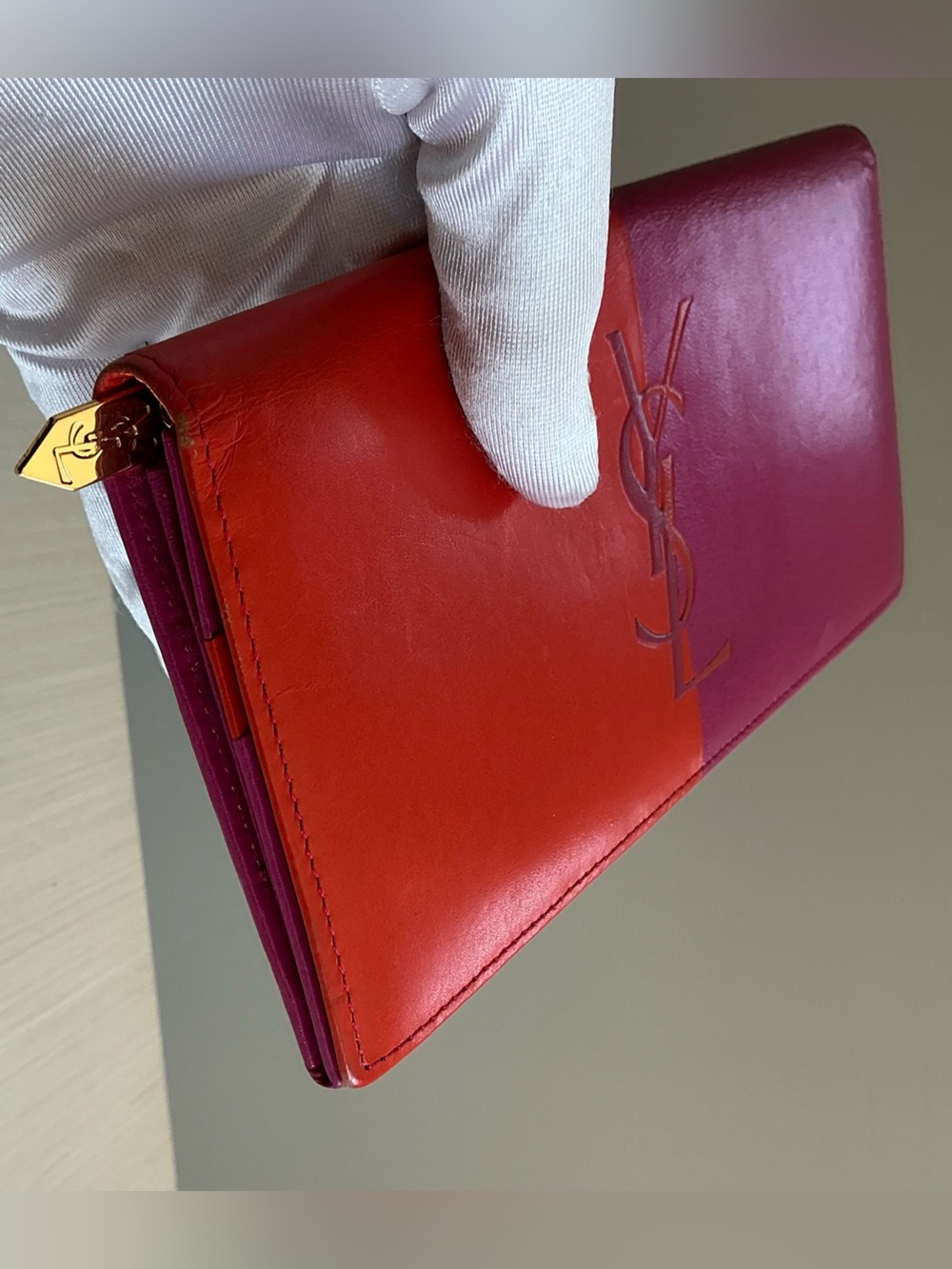 Authentic Yves Saint Laurent (YSL) Colorblock Leather Long Flap Wallet - Picture 8 of 15